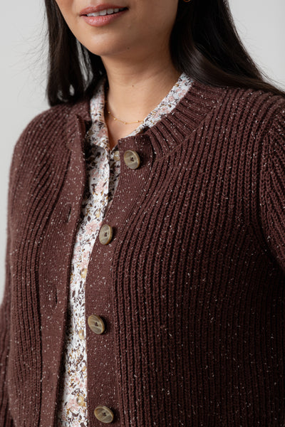 Lily & Me - June Fleck Knit Rib Crop Cardigan in Navy or Chocolate
