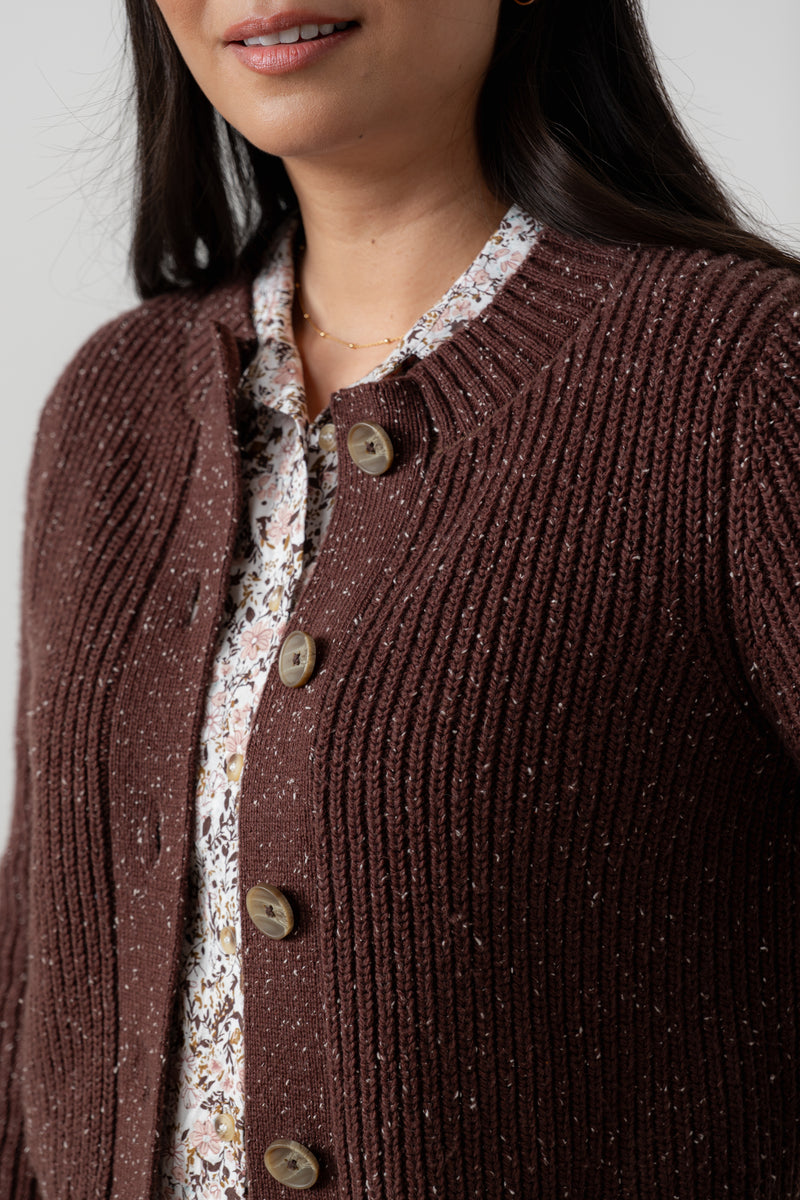 Lily & Me - June Fleck Knit Rib Crop Cardigan in Navy or Chocolate