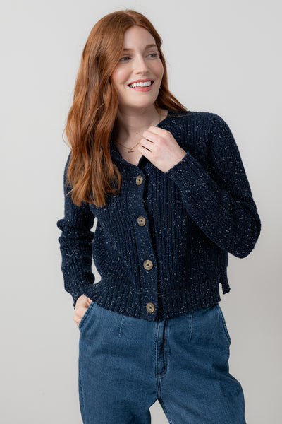 Lily & Me - June Fleck Knit Rib Crop Cardigan in Navy or Chocolate