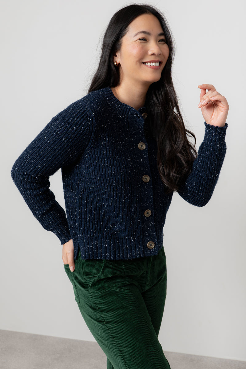 Lily & Me - June Fleck Knit Rib Crop Cardigan in Navy or Chocolate