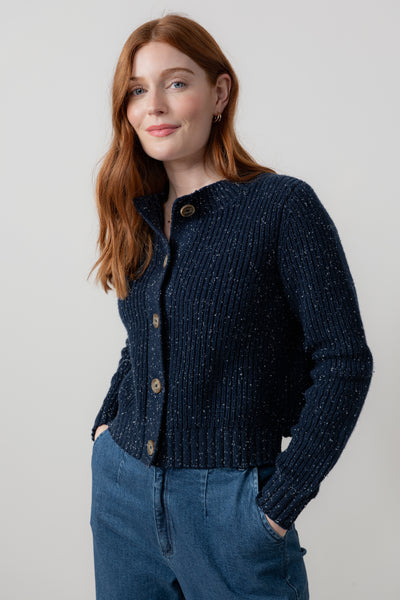 Lily & Me - June Fleck Knit Rib Crop Cardigan in Navy or Chocolate