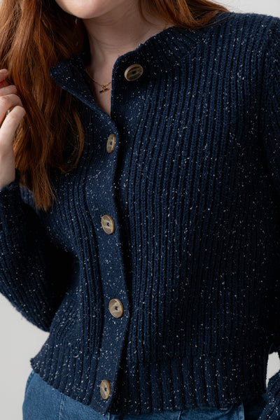 Lily & Me - June Fleck Knit Rib Crop Cardigan in Navy or Chocolate