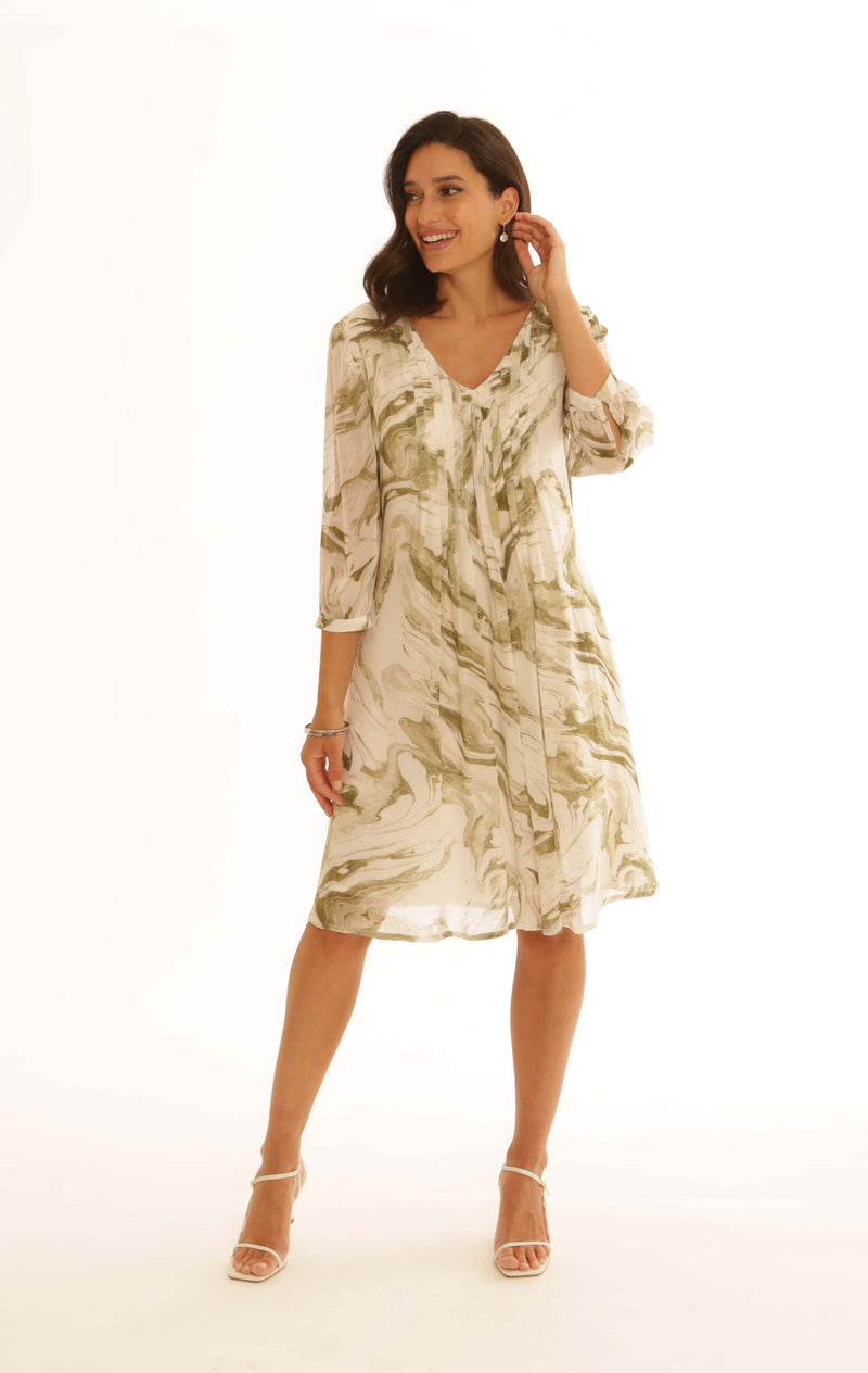 Front view of Pomodoro onyx knee length dress in khaki/cream colour
