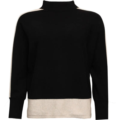 Black turtleneck sweater with cream stripes on sleeve and deep cream hem