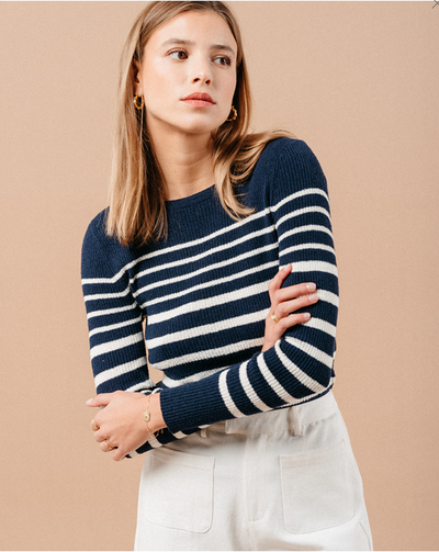<p data-mce-fragment="1">Stay stylish and comfortable with the Grace &amp; Mila -Madeleine Jumper in Navy! This ribbed, fitted jumper in navy and cream is perfect for summer. Its flattering design will keep you looking and feeling great all season long.</p> <p data-mce-fragment="1">&nbsp;</p> <p data-mce-fragment="1">Made of 65% Cotton, 35% nylon, Machine wash 30</p>