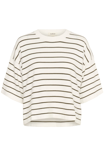 Striped knit top with dark green and white stripes on a white background