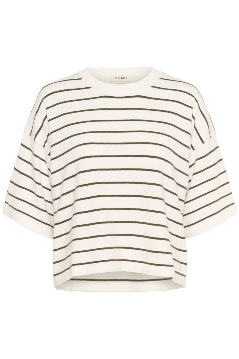 Striped knit top with dark green and white stripes on a white background