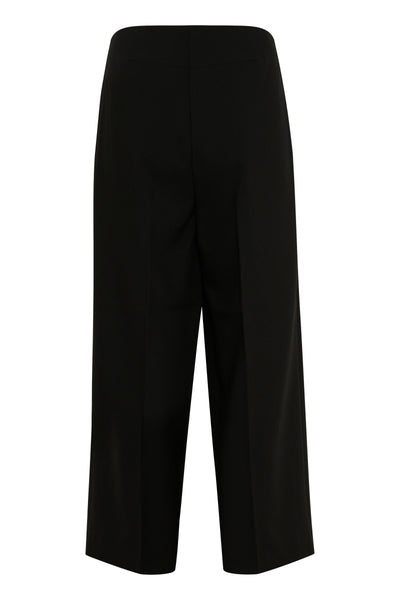 Black wide legged trousers on a white background