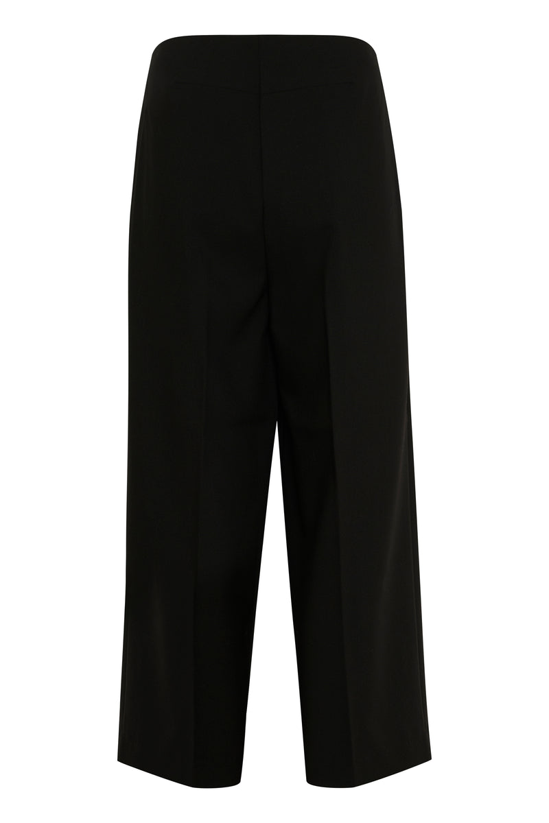 Black wide legged trousers on a white background