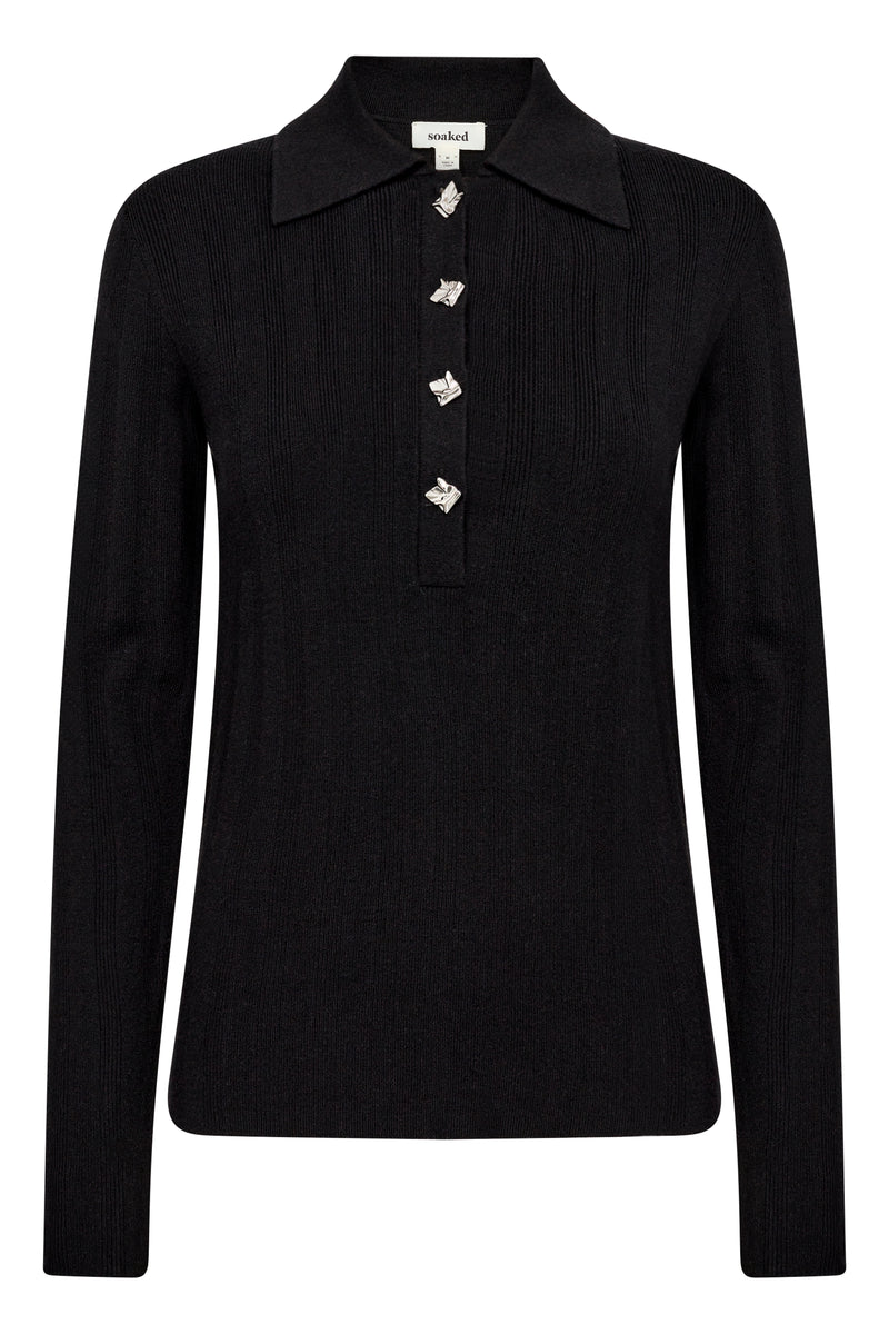 Front view of Soaked in Luxury Black Spina Long sleeved Jumper with collar and decorative buttons