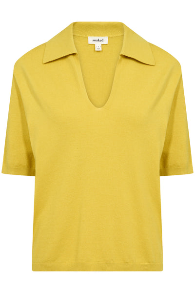 Front view of Soaked in Luxury Spina Short Sleeve top with open collar in chartreuse collar. 