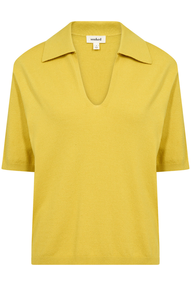Front view of Soaked in Luxury Spina Short Sleeve top with open collar in chartreuse collar. 