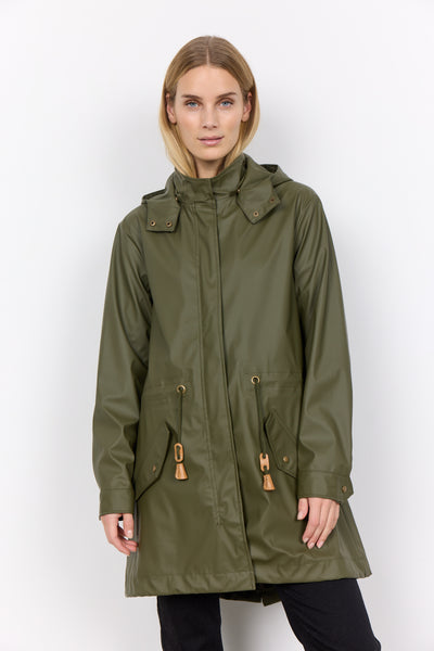 SoyaConcept - Alexa Raincoat in Olive Green on a model shown close up