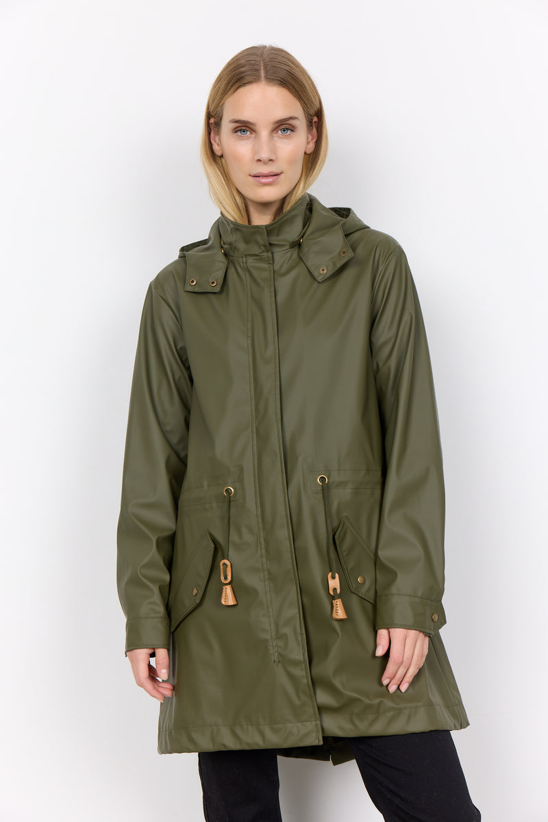 SoyaConcept - Alexa Raincoat in Olive Green on a model shown close up