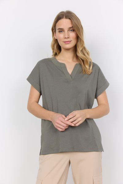 Front view of Soyaconcept Short Sleeve sage green top with tailored v neck. Sits on the hip if worn loose. 
