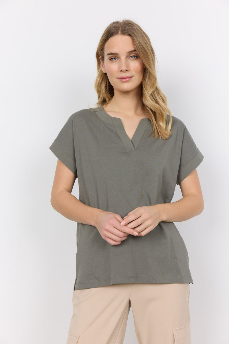 Front view of Soyaconcept Short Sleeve sage green top with tailored v neck. Sits on the hip if worn loose. 
