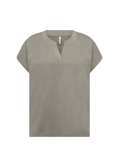 Front view of Soyaconcept Short Sleeve sage green top with tailored v neck. 