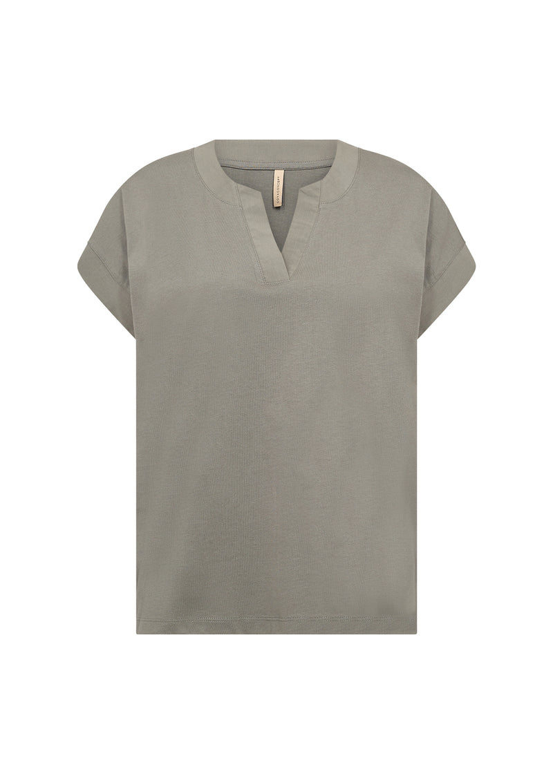 Front view of Soyaconcept Short Sleeve sage green top with tailored v neck. 