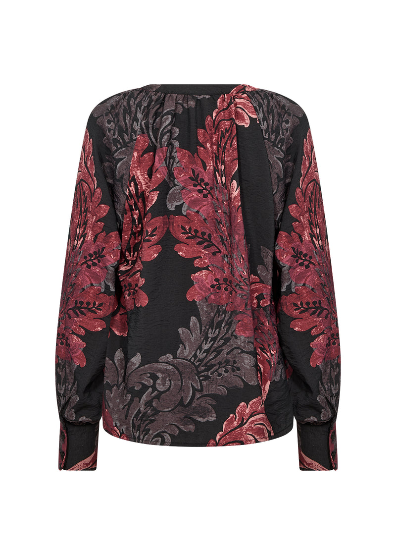 Black blouse with red and gray floral patterns on a white background