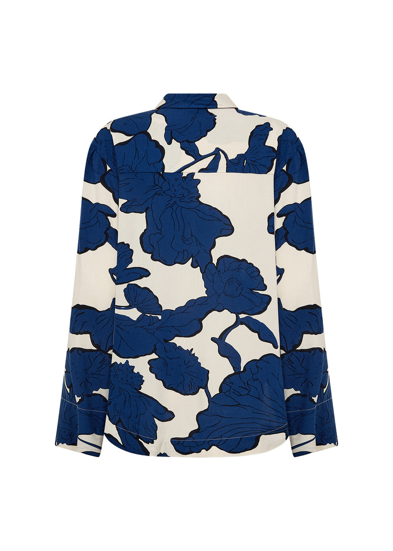 Back view of blue floral patterned blouse on a white background