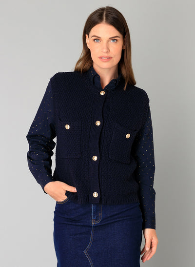 Yest - model wearing Navy Knitted Brenda Gilet with blouse and skirt