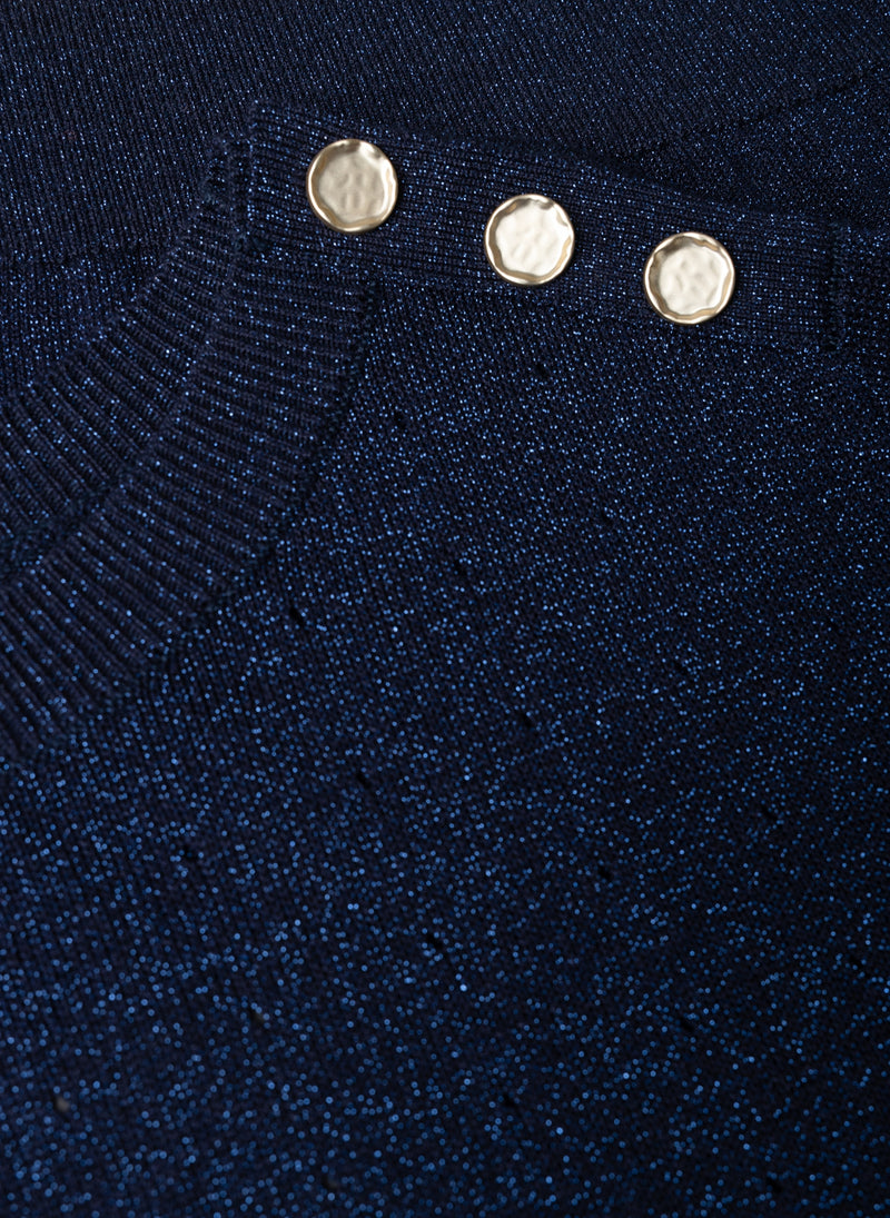 Close up showing button detail of Sleeved Knitted Benjamine Top in Dark Navy 