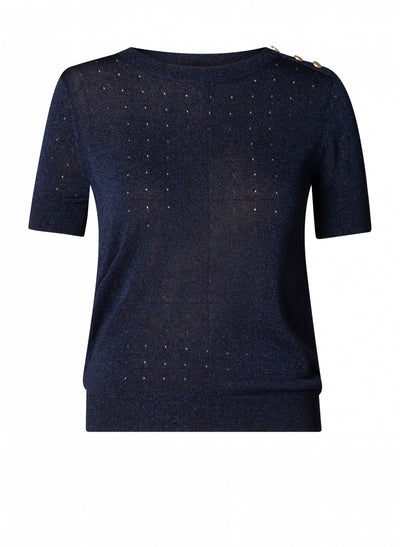 Yest - Short Sleeved Knitted Benjamine Top in Dark Navy against white background