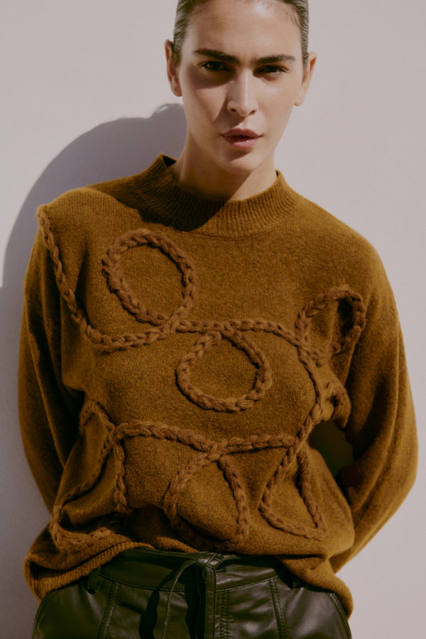 Person wearing a dark tan jumper with intricate patterns on front