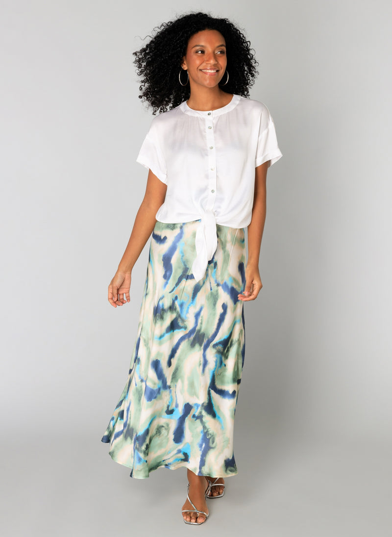 Yest - Sandrine Long Skirt Mint/Multi on a model with a white top