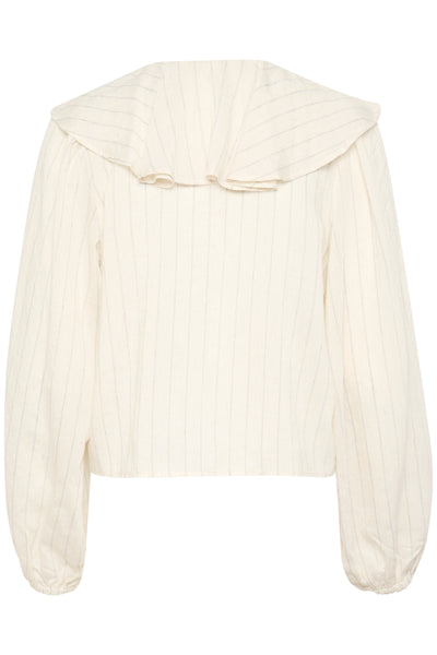 back view showing roya cream blouse with fine dark vertical stripes, soft ruffled collar and long sleeves 