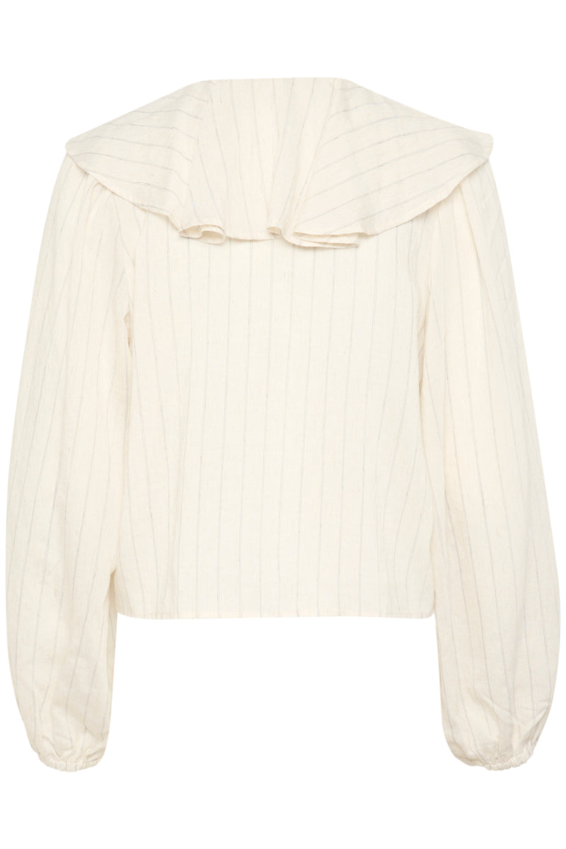 back view showing roya cream blouse with fine dark vertical stripes, soft ruffled collar and long sleeves 