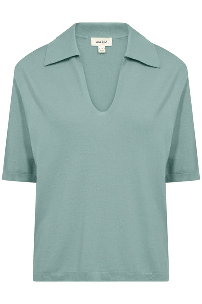 Front view of Spina Short Sleeve top with open collar in soft duck e.g blue colour