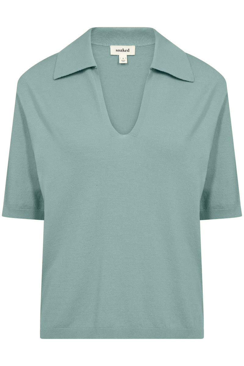 Front view of Spina Short Sleeve top with open collar in soft duck e.g blue colour